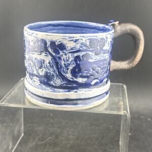 Studio Pottery Artisan Mug Blue White Carved Dahlia Bottom Limited Edition